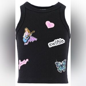 Lola + The Boys Black Taylor Swift Tank Top with Colorful Patches